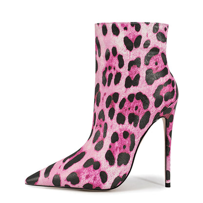 Pointed Toe Leopard High Heel Ankle Boots - Onlymaker
