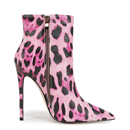 Pointed Toe Leopard High Heel Ankle Boots - Onlymaker