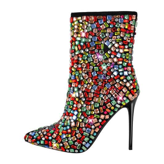 Pointed Toe Colorful Rhinestones Ankle Boots - Onlymaker