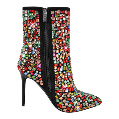 Pointed Toe Colorful Rhinestones Ankle Boots - Onlymaker