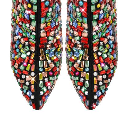 Pointed Toe Colorful Rhinestones Ankle Boots - Onlymaker