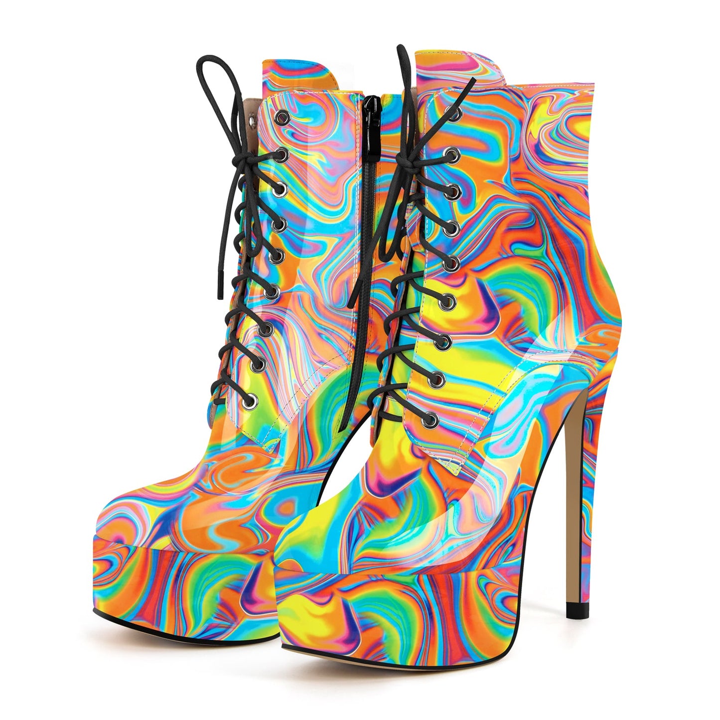 Platform Lace-up Stiletto Printed Ankle Boots - Onlymaker