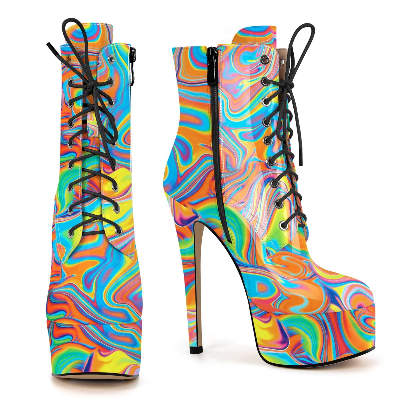Platform Lace-up Stiletto Printed Ankle Boots - Onlymaker