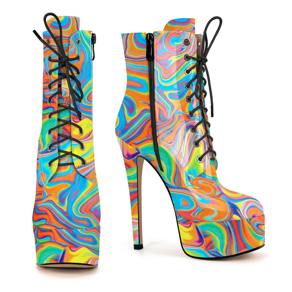 Platform Lace-up Stiletto Printed Ankle Boots - Onlymaker