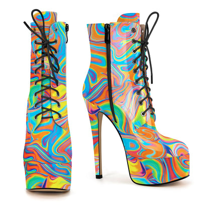 Platform Lace-up Stiletto Printed Ankle Boots - Onlymaker
