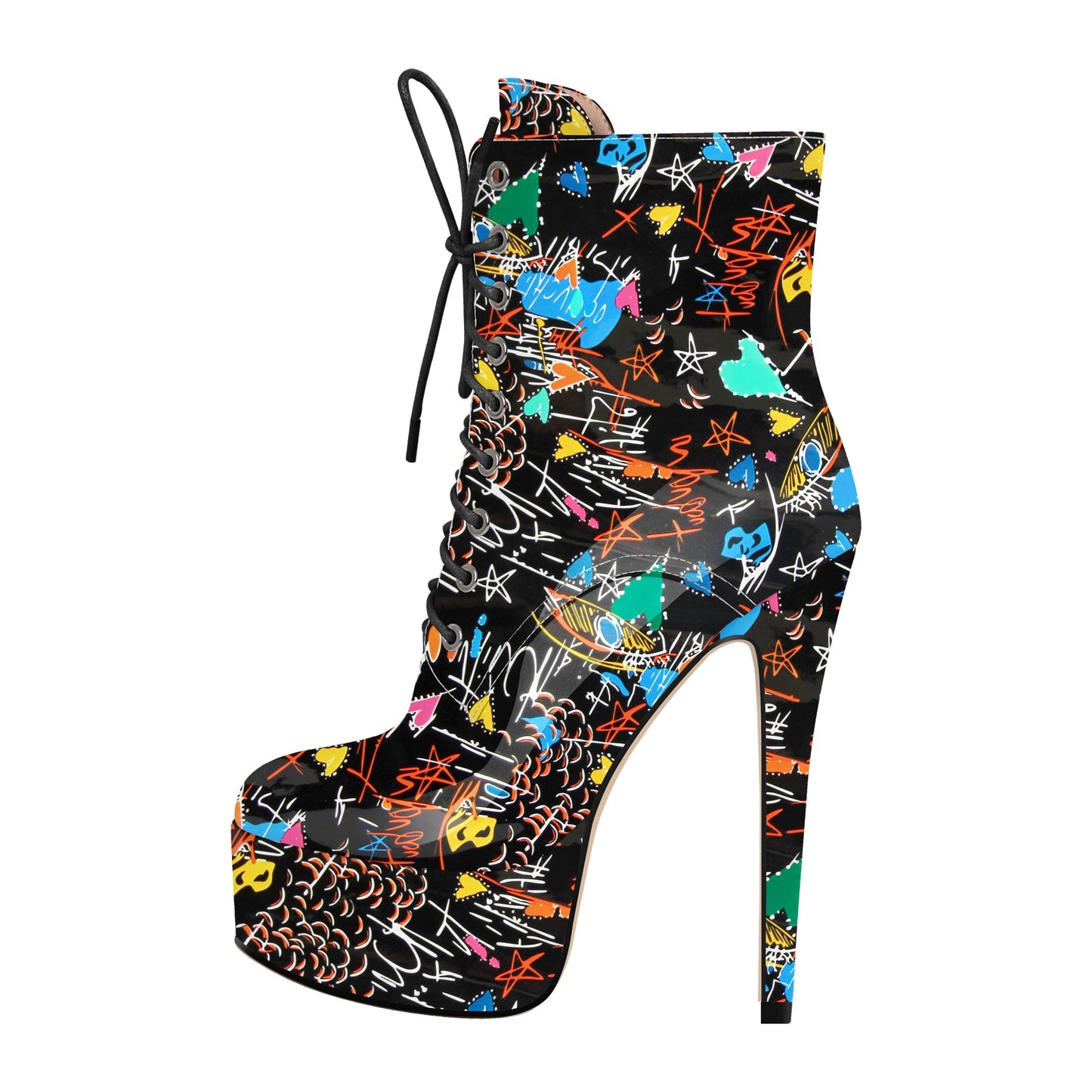 Platform Lace-up Stiletto Printed Ankle Boots - Onlymaker