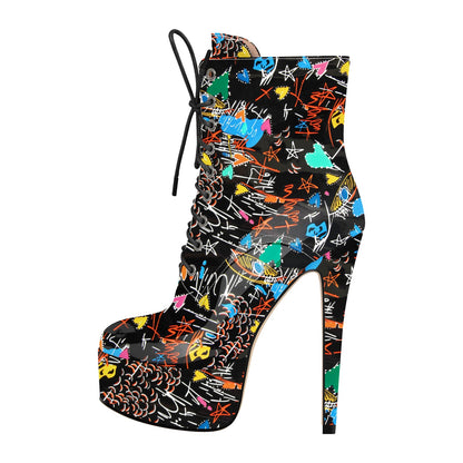 Platform Lace-up Stiletto Printed Ankle Boots - Onlymaker