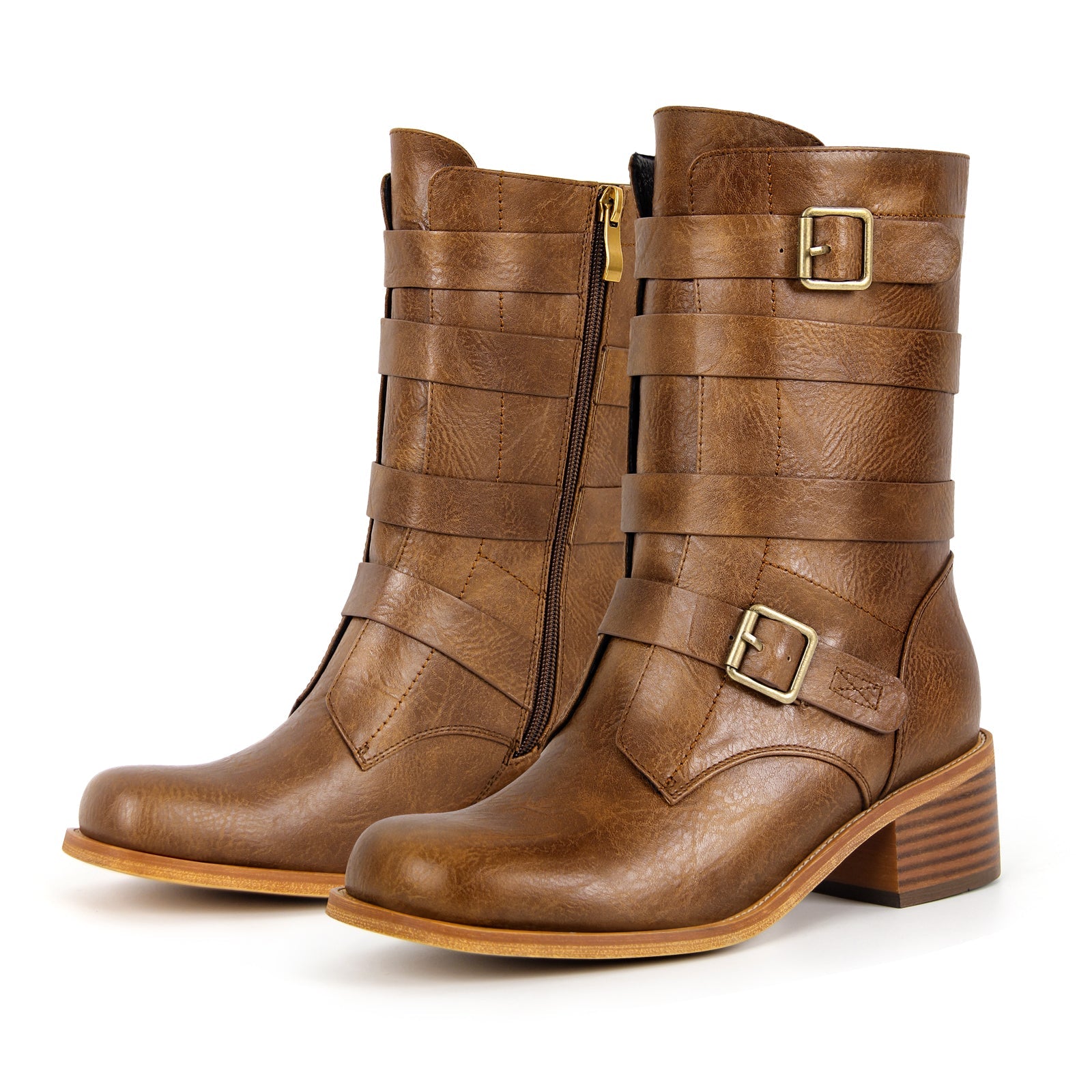 Square Toe Buckle Side Zipper Ankle Boots - Onlymaker