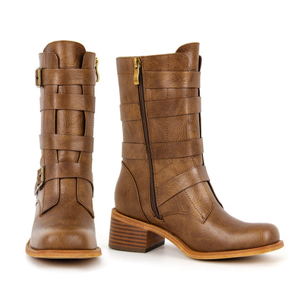 Square Toe Buckle Side Zipper Ankle Boots - Onlymaker
