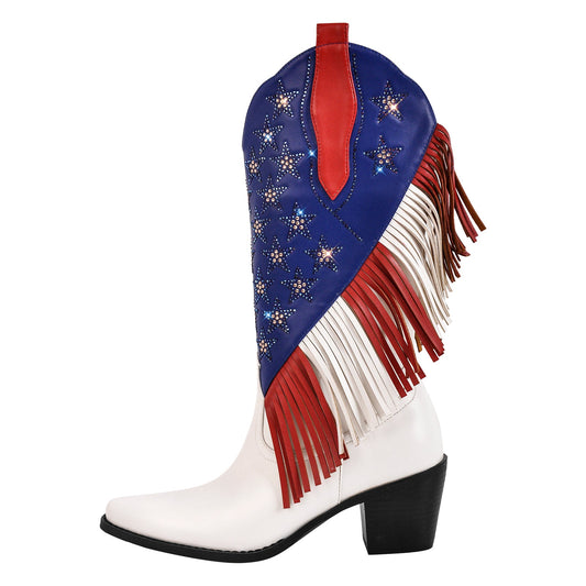 Rhinestone Star Fringe Knee High Western Boots - Onlymaker