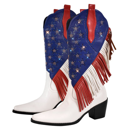 Rhinestone Star Fringe Knee High Western Boots - Onlymaker