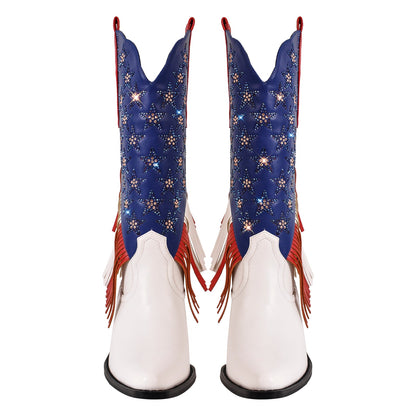 Rhinestone Star Fringe Knee High Western Boots - Onlymaker