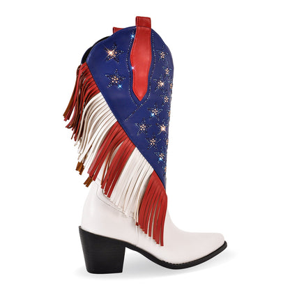 Rhinestone Star Fringe Knee High Western Boots - Onlymaker
