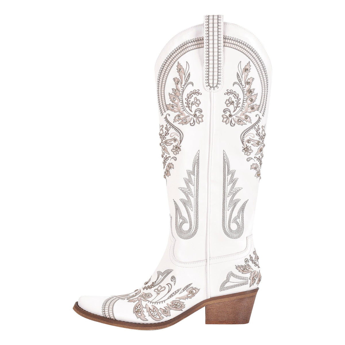 Embroidery Rhinestone Chunky Heel Knee High Boots - Onlymaker