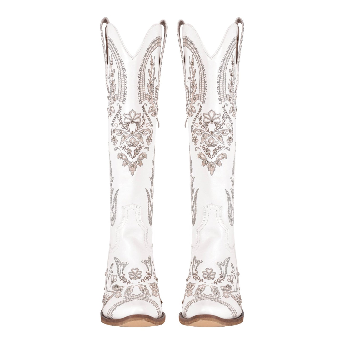 Embroidery Rhinestone Chunky Heel Knee High Boots - Onlymaker