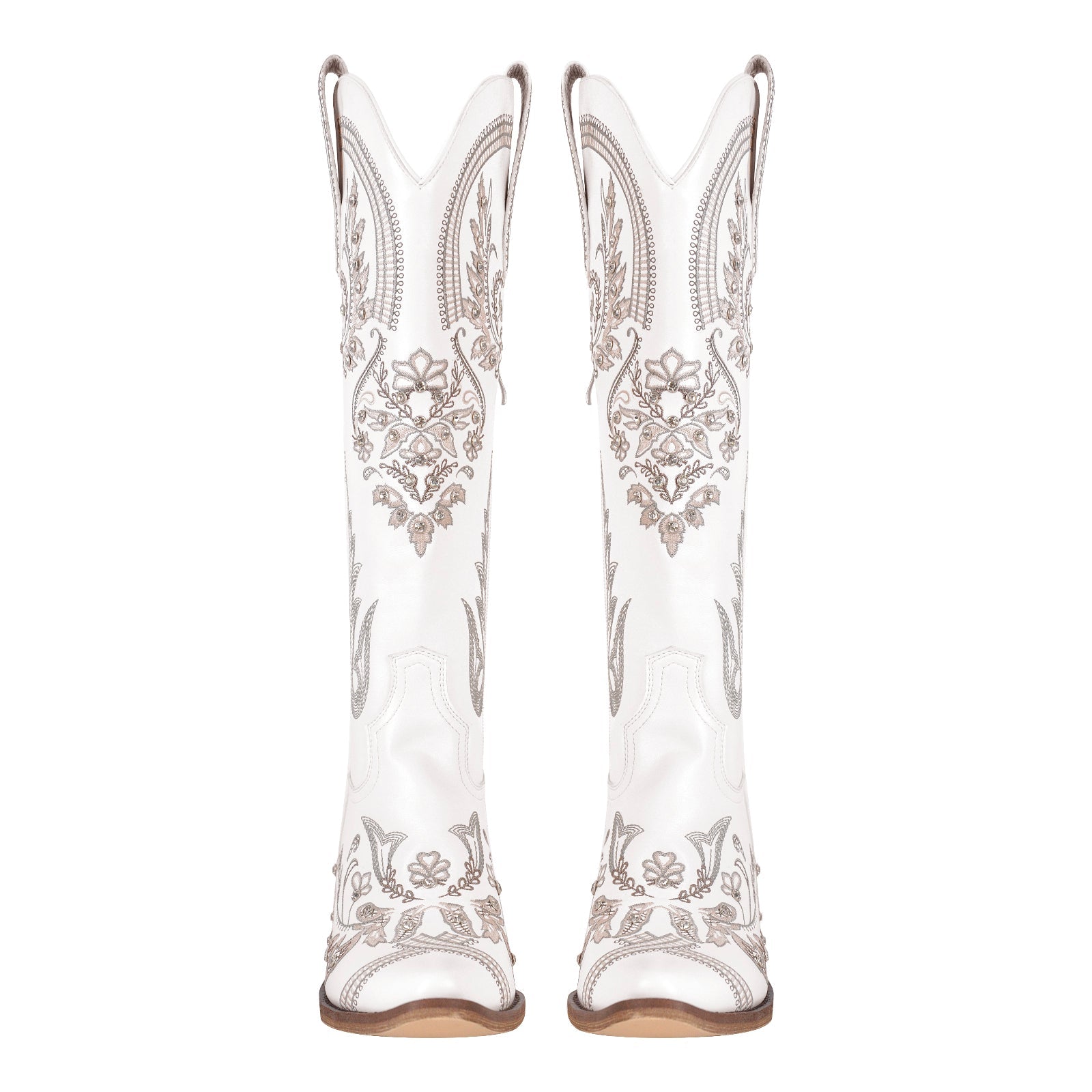 Embroidery Rhinestone Chunky Heel Knee High Boots - Onlymaker