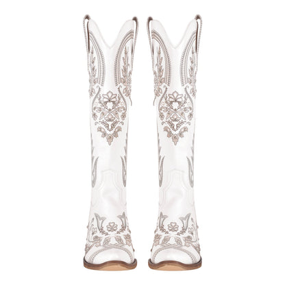 Embroidery Rhinestone Chunky Heel Knee High Boots - Onlymaker