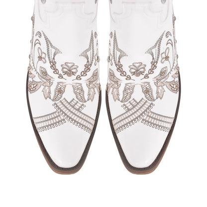 Embroidery Rhinestone Chunky Heel Knee High Boots - Onlymaker