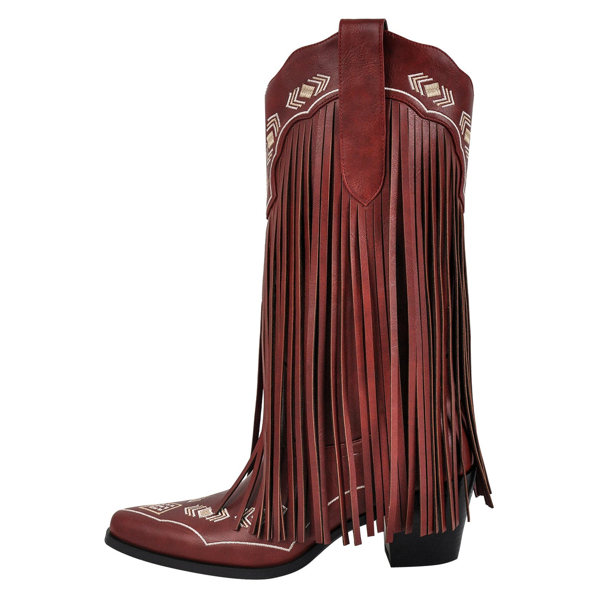 Pointed Toe Fringe Embroidery Knee High Western Boots - Onlymaker