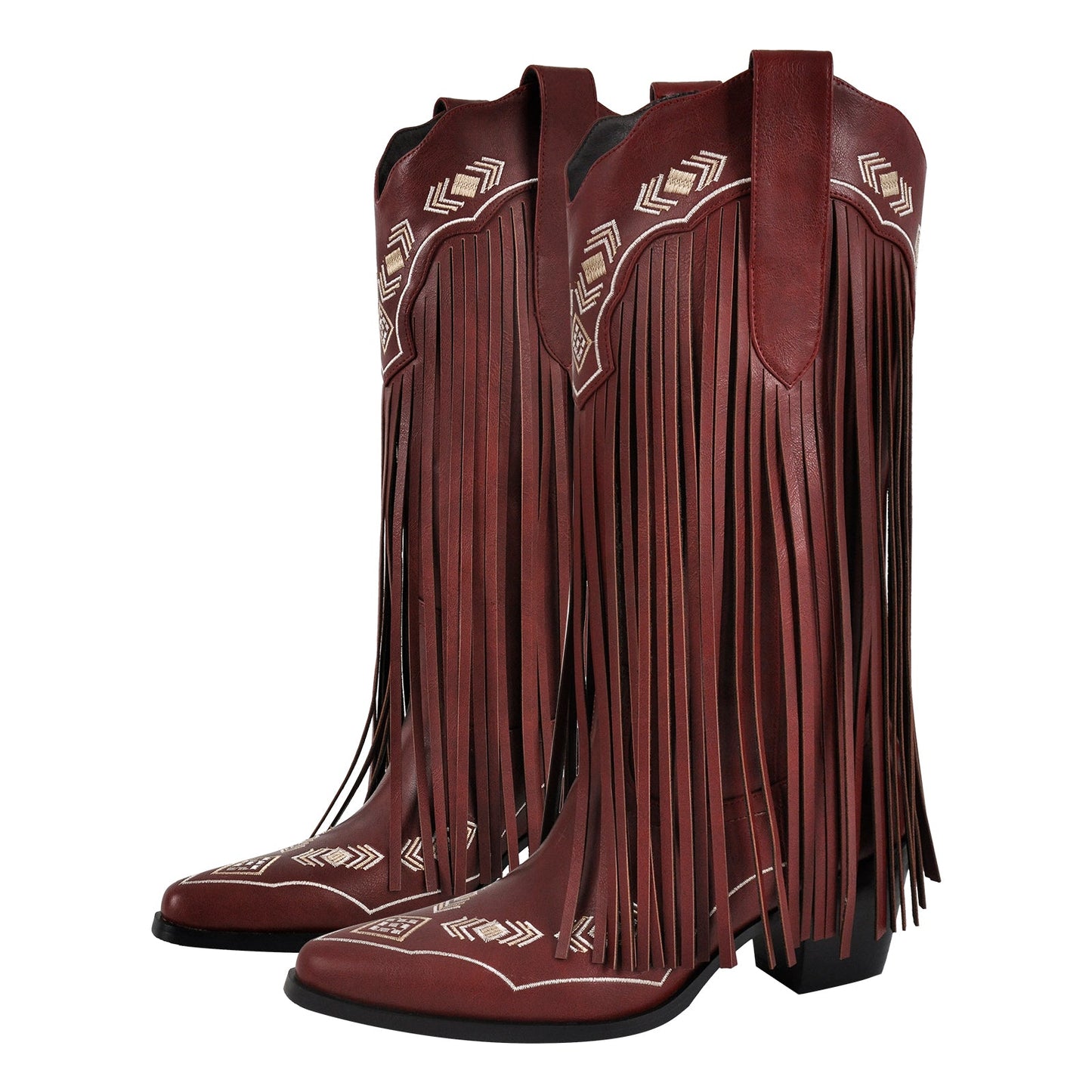 Pointed Toe Fringe Embroidery Knee High Western Boots - Onlymaker