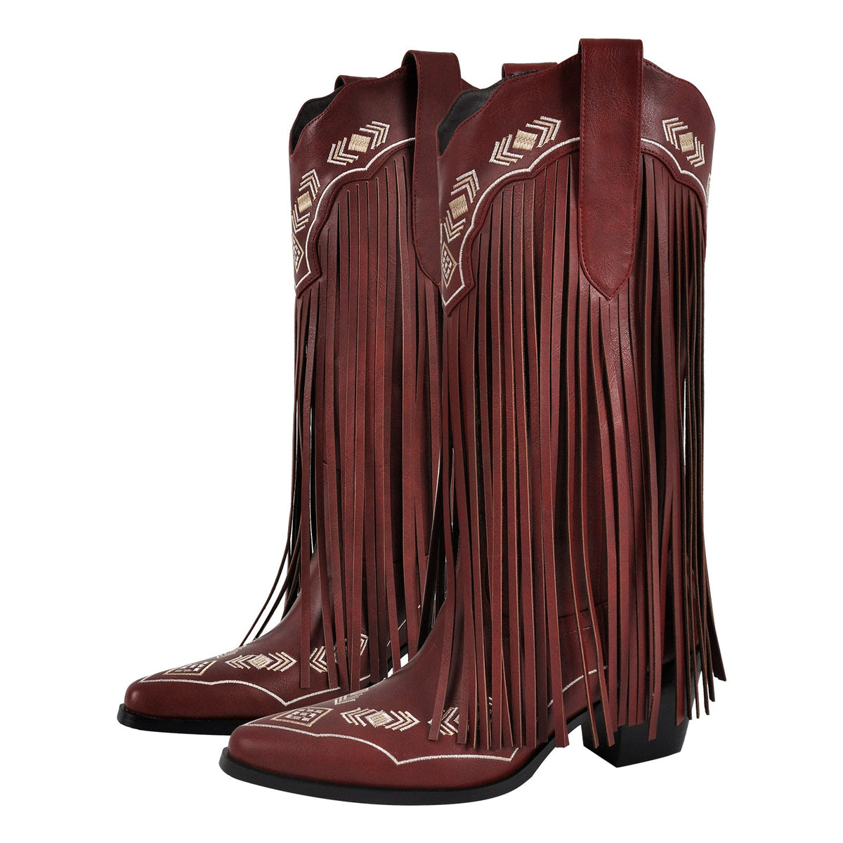 Pointed Toe Fringe Embroidery Knee High Western Boots - Onlymaker