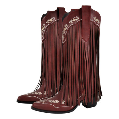 Pointed Toe Fringe Embroidery Knee High Western Boots - Onlymaker