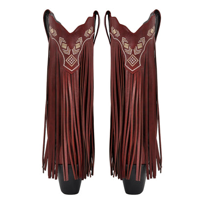 Pointed Toe Fringe Embroidery Knee High Western Boots - Onlymaker