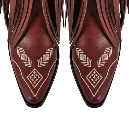 Pointed Toe Fringe Embroidery Knee High Western Boots - Onlymaker