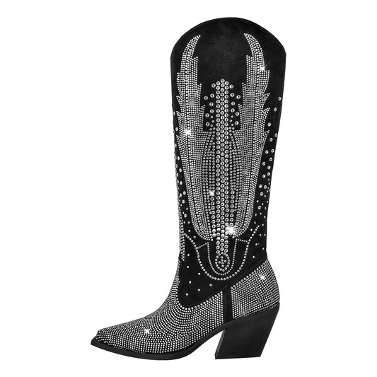 Rhinestone Zipper Black Western Boots - Onlymaker