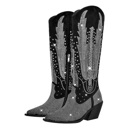 Rhinestone Zipper Black Western Boots - Onlymaker