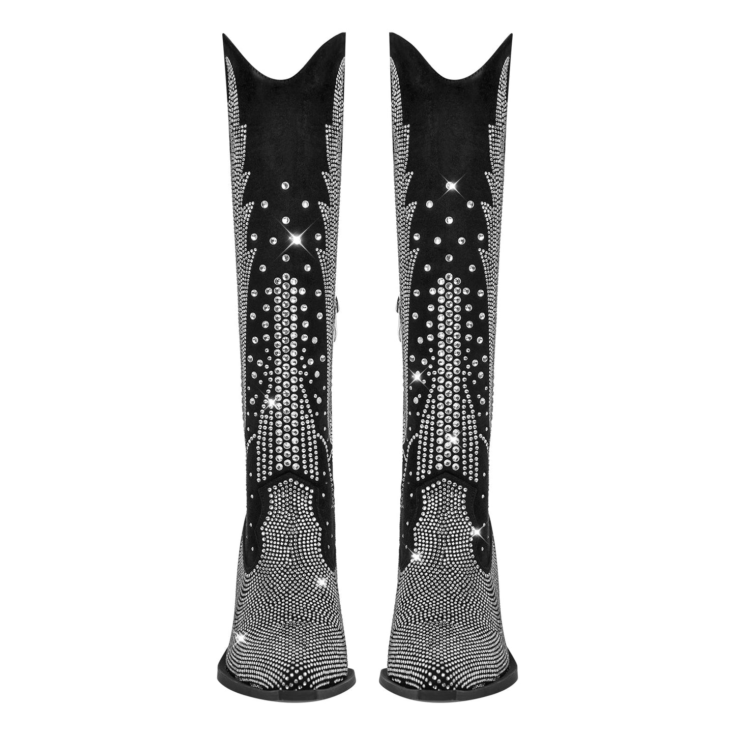 Rhinestone Zipper Black Western Boots - Onlymaker