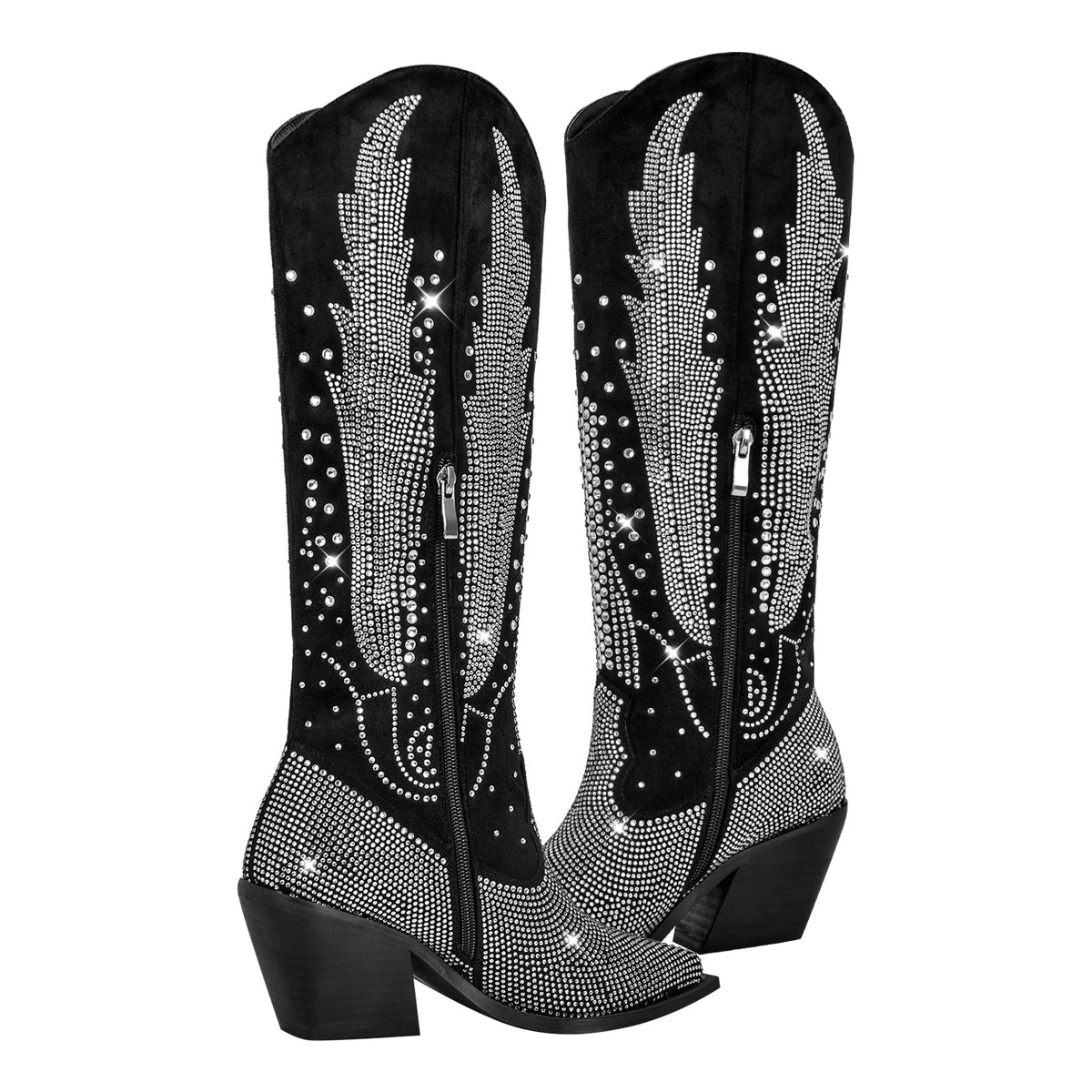 Rhinestone Zipper Black Western Boots - Onlymaker