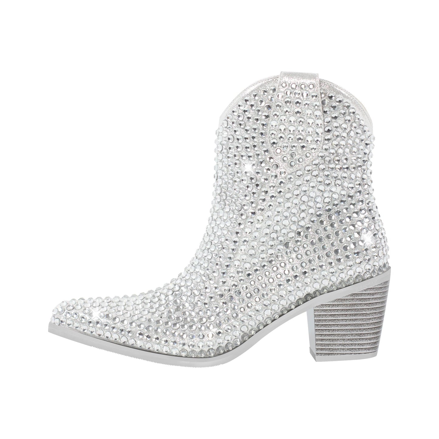 Rhinestone Pointed Toe Chunky Heel Ankle Boots - Onlymaker