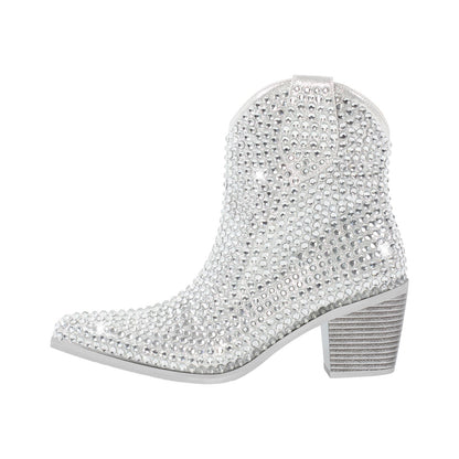 Rhinestone Pointed Toe Chunky Heel Ankle Boots - Onlymaker