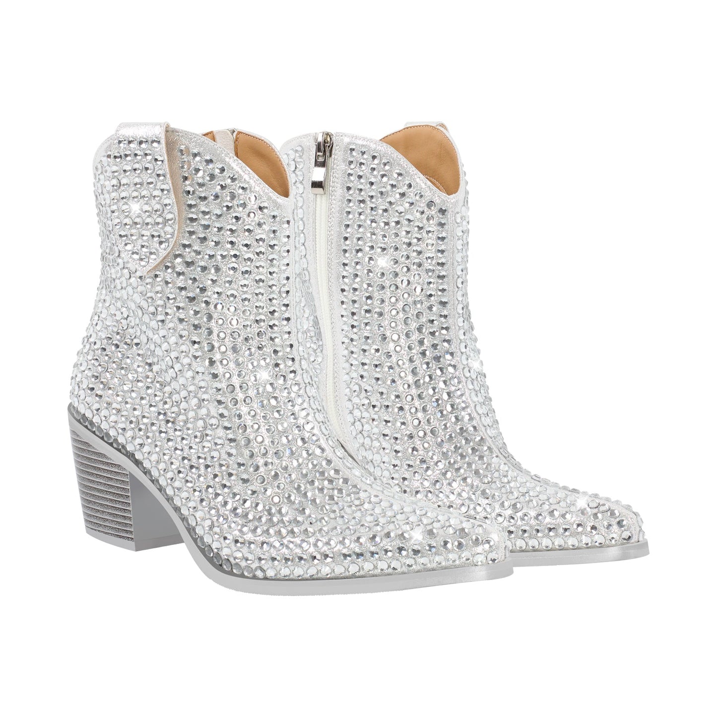 Rhinestone Pointed Toe Chunky Heel Ankle Boots - Onlymaker