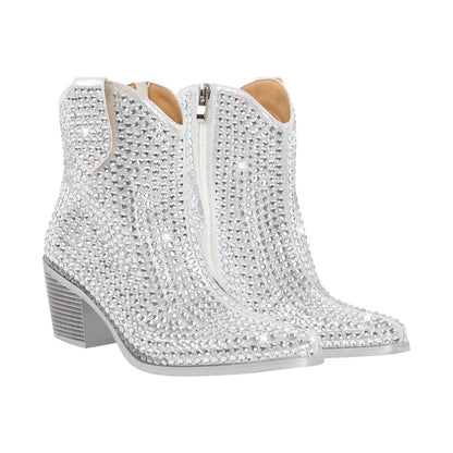 Rhinestone Pointed Toe Chunky Heel Ankle Boots - Onlymaker
