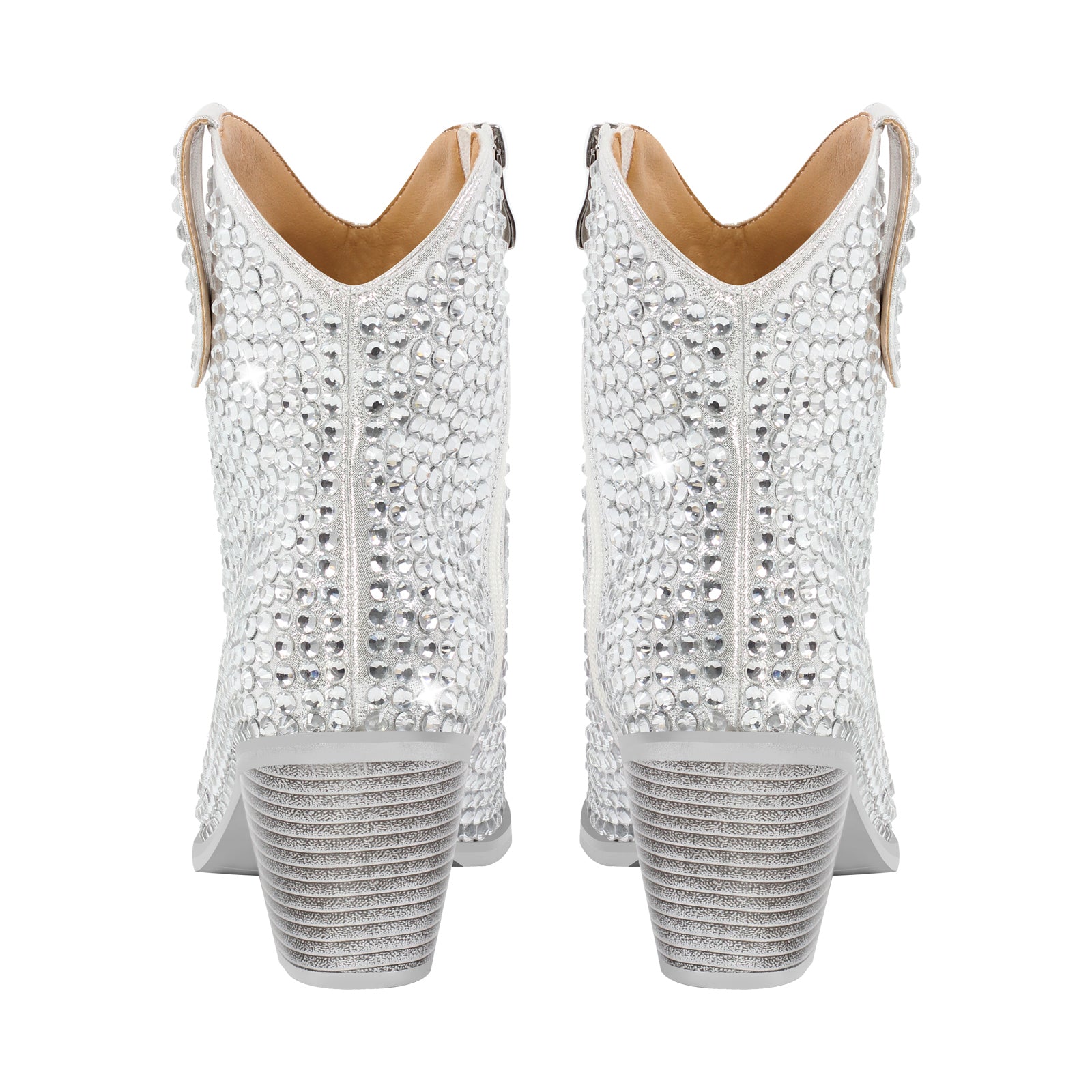 Rhinestone Pointed Toe Chunky Heel Ankle Boots - Onlymaker