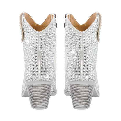 Rhinestone Pointed Toe Chunky Heel Ankle Boots - Onlymaker