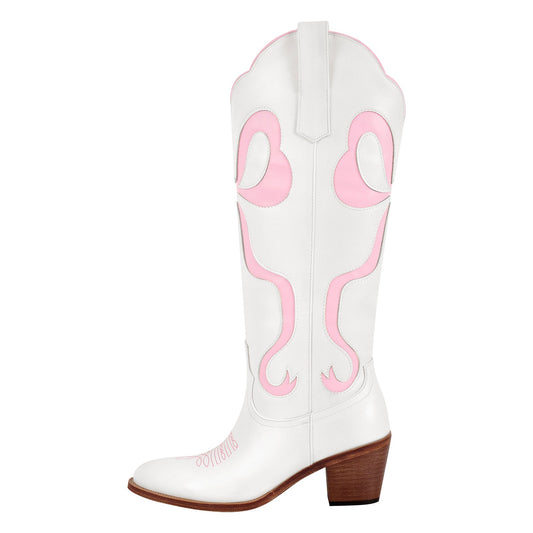 White Pointed Toe Pink Bow Knee High Western Boots - Onlymaker