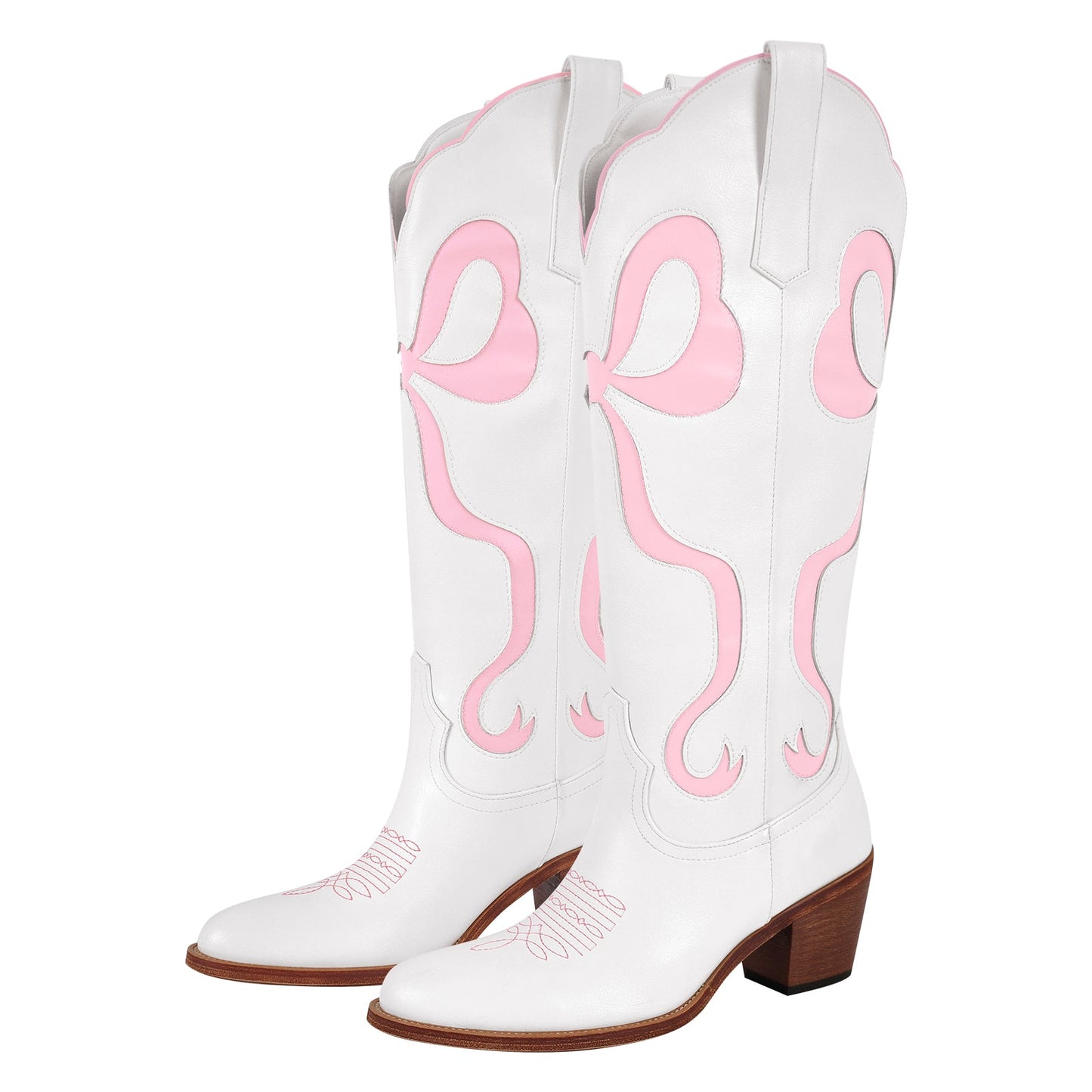 White Pointed Toe Pink Bow Knee High Western Boots - Onlymaker