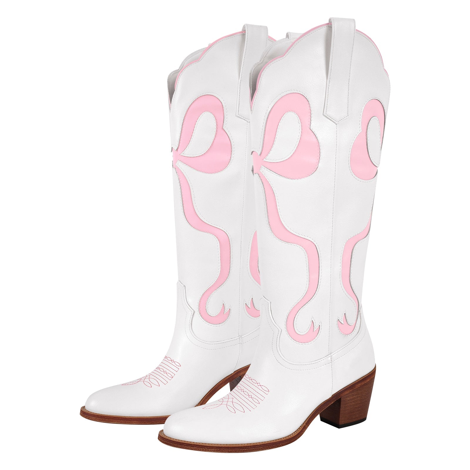 White Pointed Toe Pink Bow Knee High Western Boots - Onlymaker