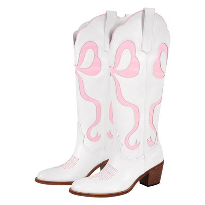 White Pointed Toe Pink Bow Knee High Western Boots - Onlymaker
