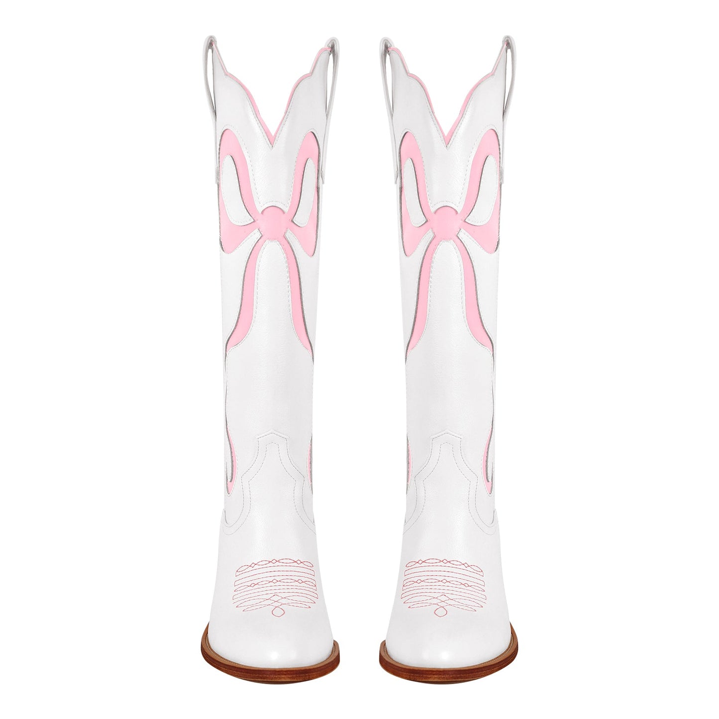 White Pointed Toe Pink Bow Knee High Western Boots - Onlymaker