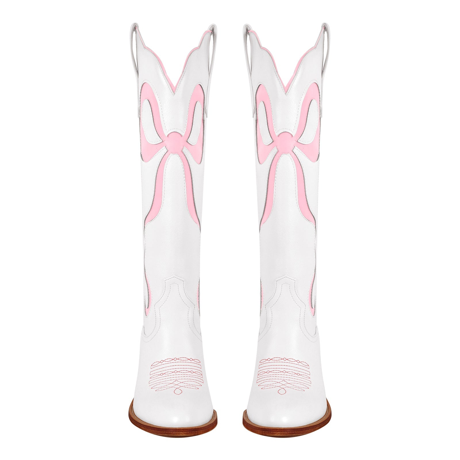 White Pointed Toe Pink Bow Knee High Western Boots - Onlymaker