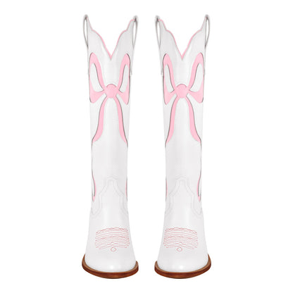 White Pointed Toe Pink Bow Knee High Western Boots - Onlymaker
