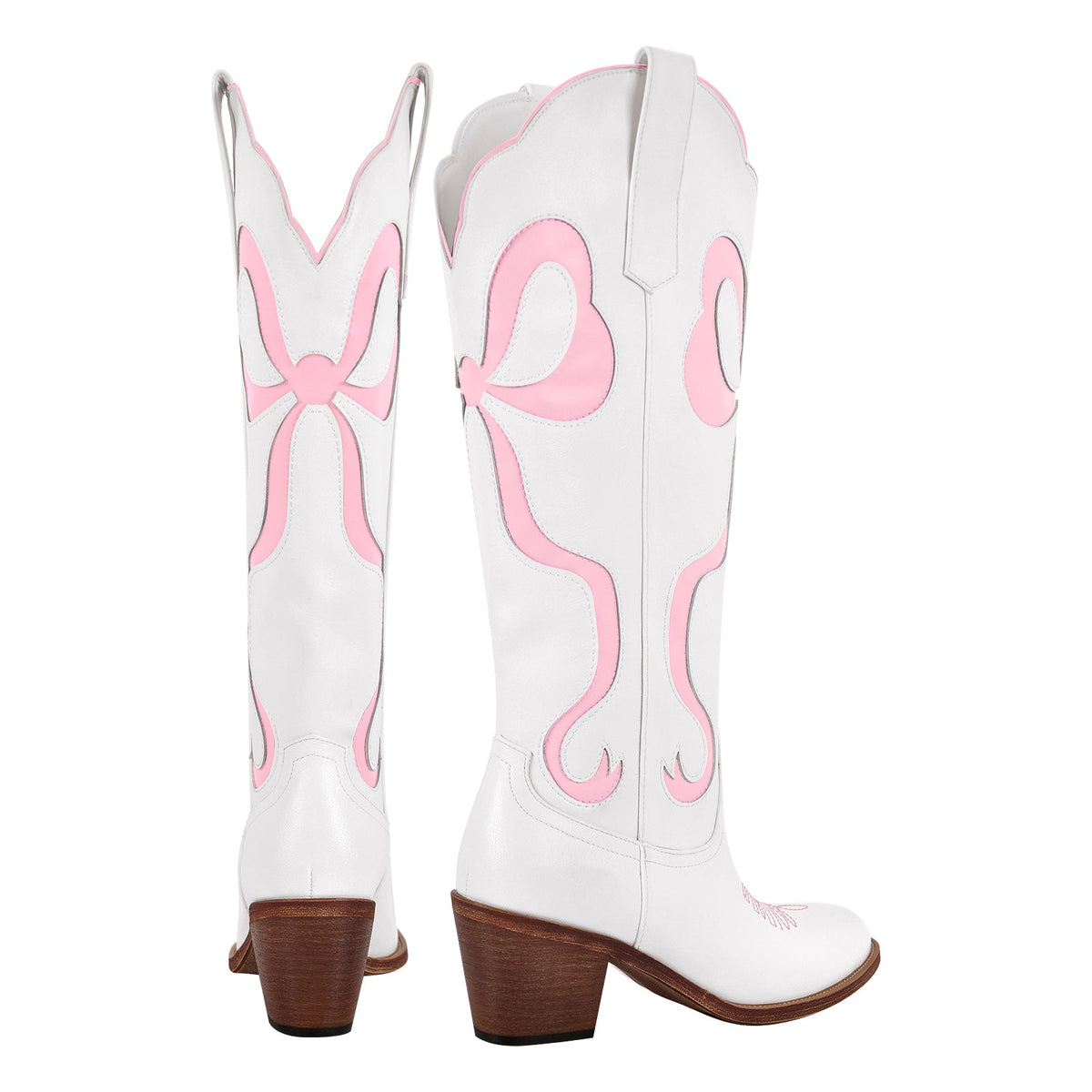 White Pointed Toe Pink Bow Knee High Western Boots - Onlymaker