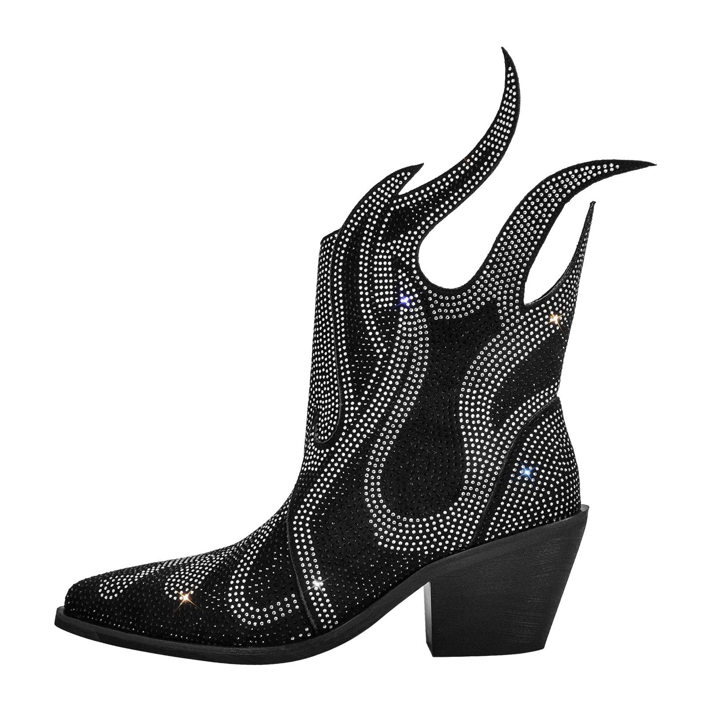 Flame Shape Rhinestone Pointed Toe Ankle Boots - Onlymaker