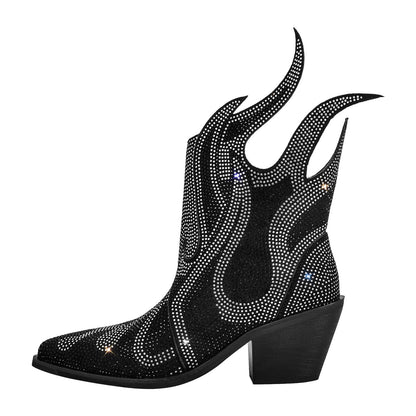 Flame Shape Rhinestone Pointed Toe Ankle Boots - Onlymaker