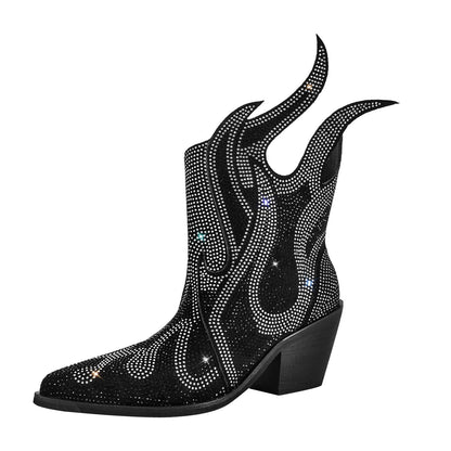 Flame Shape Rhinestone Pointed Toe Ankle Boots - Onlymaker