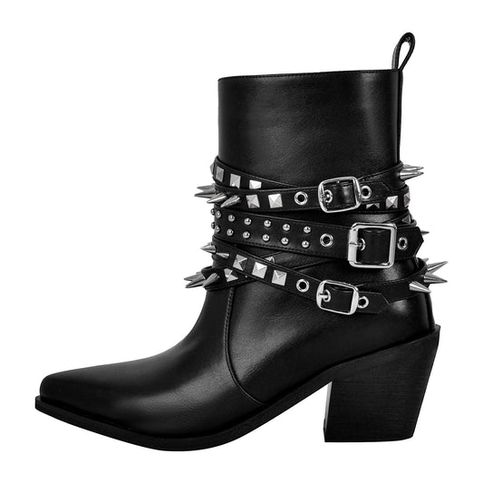 Chunky Heel Rivet Buckle Ankle Boots - Onlymaker